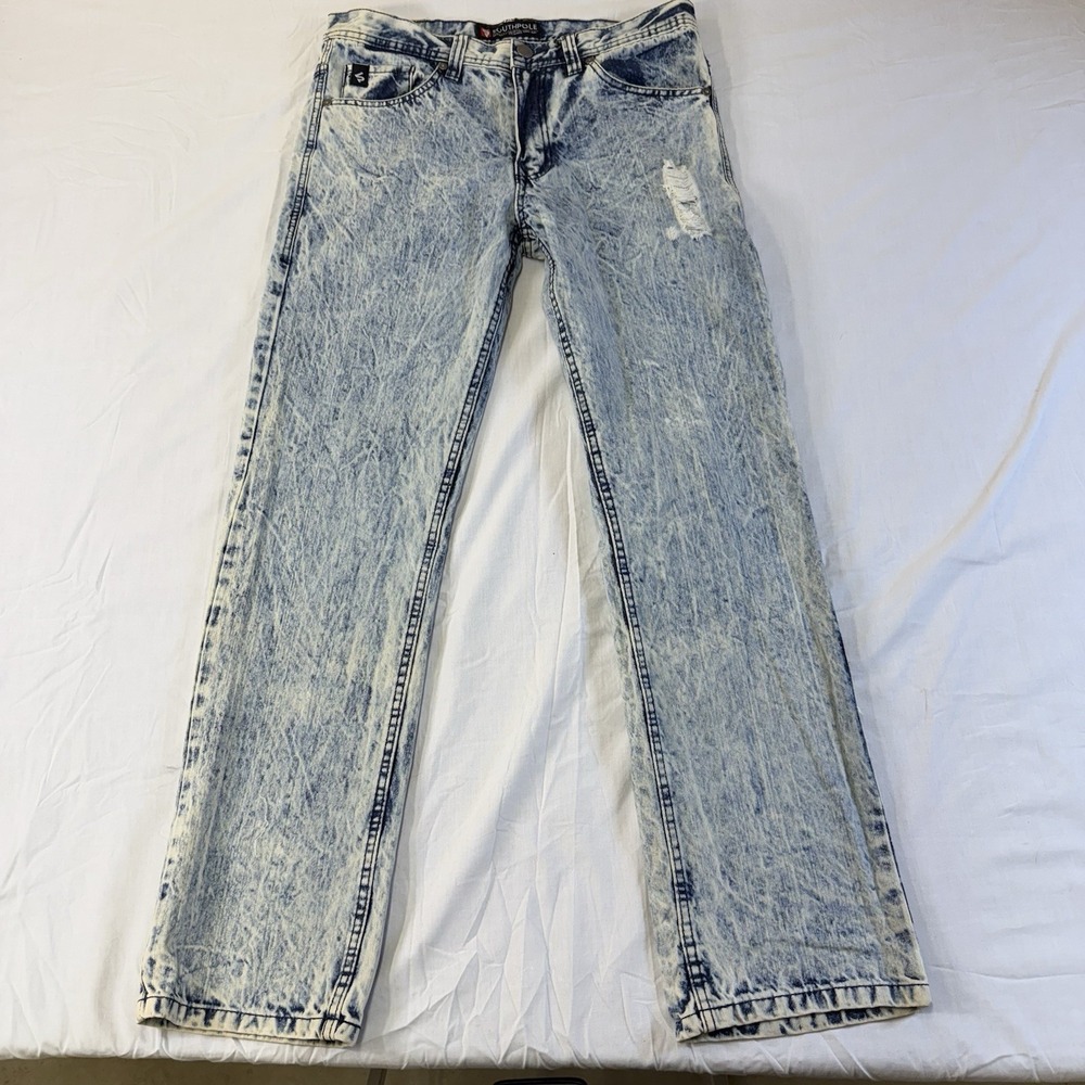 Southpole Mens Jeans 32x32 Straight‎ Leg White Acid Wash Denim Ripped Skate Punk